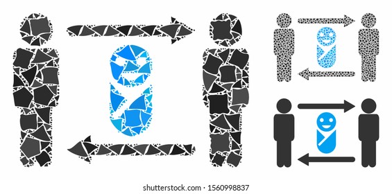 Persons child exchange mosaic of tremulant pieces in various sizes and color tints, based on persons child exchange icon. Vector tremulant dots are united into mosaic.