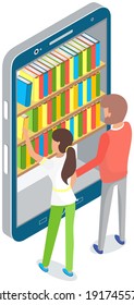 Persons choose books in online library or bookstore, man and woman stand near bookshelves with stack of multi-colored books on smartphone screen. Traditional education, people students like to read