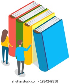 Persons choose books in online library or bookstore, man and woman stand near a stack of large multi-colored books. Traditional education, knowledge with textbooks, people students like to read
