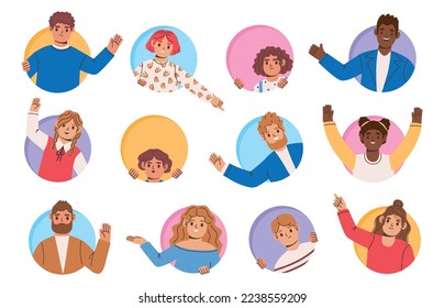 Persons in circle windows. Communicating people, welcome and pointing gestures. Looking from hole, curiosity peeping avatar vector set of welcom to communication, curious character illustration