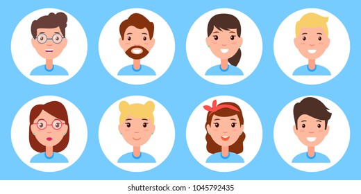 Persons collection icon set, people collection with glasses and beard, men and women, circles person vector illustration isolated on blue background
