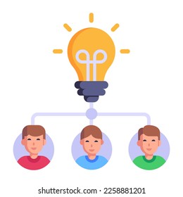 Personas conectadas con bombilla de luz, concepto de icono plano de equipo creativo 