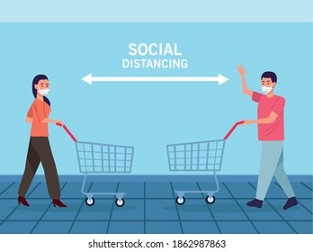 Persons Couple Wearing Medical Mask With Social Distance In Super Market Vector Illustration Design