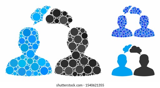 Persons dialog mosaic of filled circles in different sizes and color hues, based on persons dialog icon. Vector random circles are composed into blue mosaic.