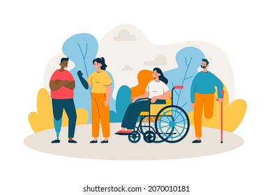 Persons with different disabilities outdoor. Happy men and women with prosthesis, crutches, in a wheelchair. Support, diversity and disability concept. Modern flat vector illustration