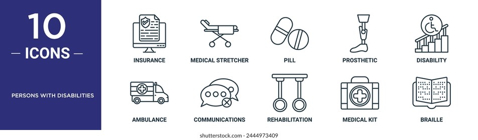 persons with disabilities outline icon set includes thin line insurance, medical stretcher, pill, prosthetic, disability, ambulance, communications icons for report, presentation, diagram, web