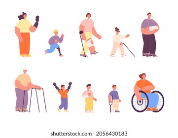 Persons with disability. Disabled work student, children with disabilities and adults. Injury people group, isolated cartoon young man with disability utter vector set