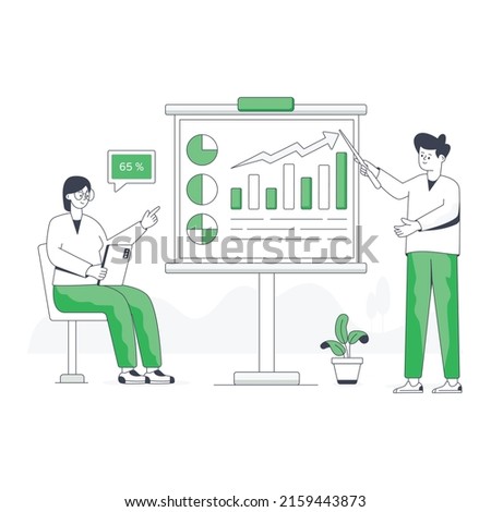 Persons discussing charts, flat illustration of infographics 

