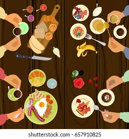 Persons is eating breakfast with waffles, fruit, honey and cup of coffe on wooden table. Top view Vector illustration eps 10