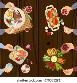 Persons is eating lunch with meat, chicken, fish and vegetables on wooden table. Top view Vector illustration eps 10