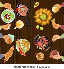 Persons is eating lunch with sausage, grilled seafood, chips, hotdog and beer on wooden table. Top view Vector illustration eps 10