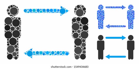 Persons exchange arrows mosaic of small circles in various sizes and shades, based on persons exchange arrows icon. Vector small circles are grouped into blue collage.