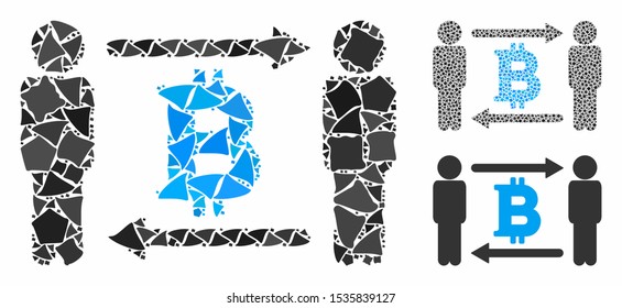 Persons exchange Bitcoin composition of joggly elements in various sizes and color tones, based on persons exchange Bitcoin icon. Vector joggly items are organized into composition.