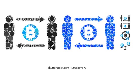 Persons exchange Bitcoin mosaic of small circles in various sizes and shades, based on persons exchange Bitcoin icon. Vector filled circles are combined into blue mosaic.
