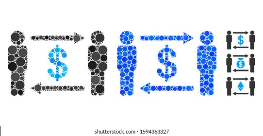 Persons exchange dollar composition of round dots in variable sizes and color hues, based on persons exchange dollar icon. Vector round elements are united into blue composition.