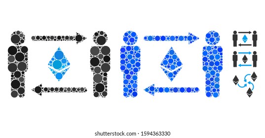 Persons exchange Ethereum composition of filled circles in variable sizes and color tinges, based on persons exchange Ethereum icon. Vector small circles are united into blue composition.