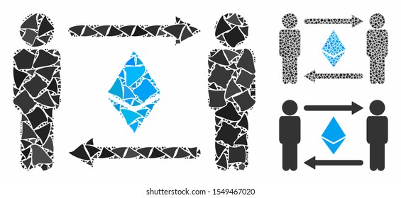 Persons exchange Ethereum mosaic of irregular parts in variable sizes and color hues, based on persons exchange Ethereum icon. Vector abrupt parts are united into mosaic.