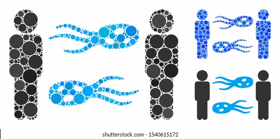 Persons exchange microbes composition of spheric dots in different sizes and color hues, based on persons exchange microbes icon. Vector dots are organized into blue mosaic.