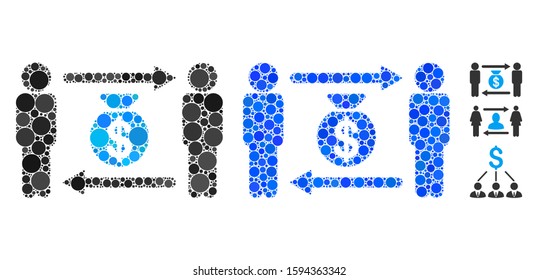 Persons exchange money bag composition of small circles in different sizes and shades, based on persons exchange money bag icon. Vector small circles are combined into blue collage.