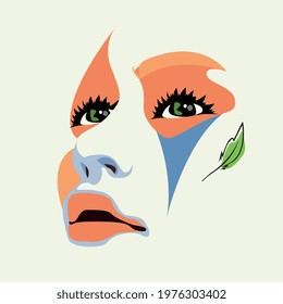 A person's face in a vector, drawing with paints, large eyes and eyelashes. Suitable for printing. Graffiti in a flat style.