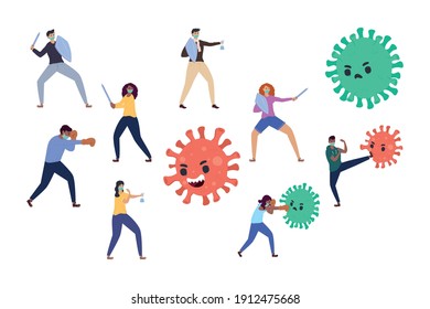 persons fighting vs covid19 particles characters vector illustration design