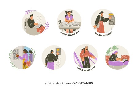 Persons finger drives on braille font points, reading book, text inscription on the pointer board. Braille alphabet for blind people. World braille day vector flat round illustrations stickers set