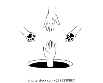 A person's hand is drowning in black water and above are human hand with dog paw and cat paw reaching out to help. Mental health concept.