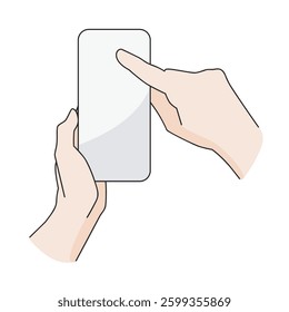 A persons hand holding a cell phone or mobile phone mockup and tapping it with their index finger with a blank screen for copy space in vector