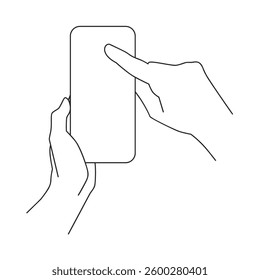 A persons hand holding a cell phone or mobile phone mockup and tapping it with their index finger with a blank screen for copy space in outline vector