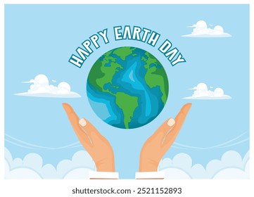 A person's hand holding a globe. Clouds and blue sky in the background. Earth Day concept. Flat vector illustration.