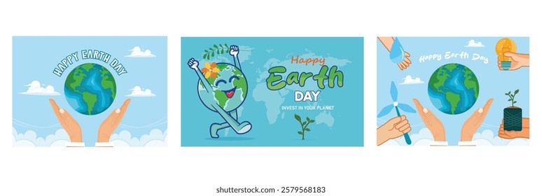 A person's hand holding a globe. Invest in our planet. Shoots, windmills, water, and light bulbs in the world. Earth Day concept. Set flat vector illustration.