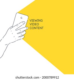 A persons hand is holding a phone. A poster with the image of a smartphone. Modern illustration in a realistic style.