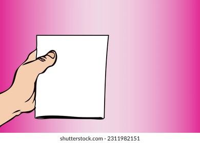 A person's hand holds a blank white sheet of paper on a pastel pink background