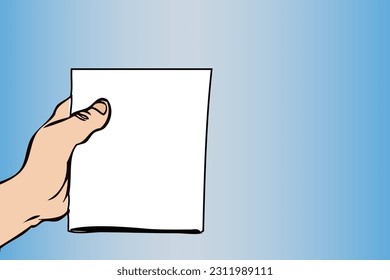 La mano de una persona sostiene una hoja blanca de papel en blanco sobre un fondo azul
