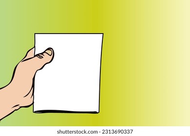 A person's hand holds a blank white sheet of paper on a yellow background