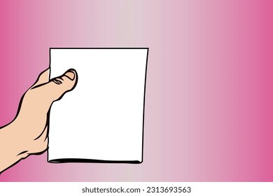 A person's hand holds a blank white sheet of paper on a pink background