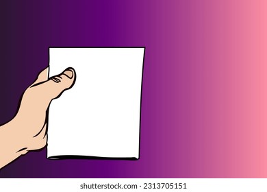 A person's hand holds a blank white sheet of paper on a purple background