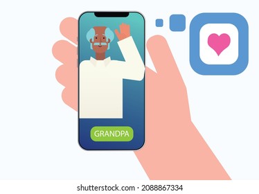 Videoanruf mit Großeltern oder alternden Eltern. Hand, die Smartphone mit älteren Großvater auf Bildschirm. Einfache und süße Cartoon-Vektorgrafik. Schaltfläche mit dem Text "Opa" und dem Herzsymbol.
