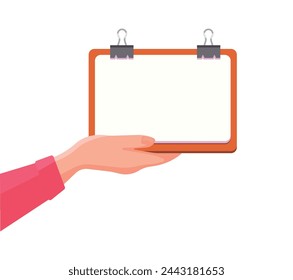 A person's hand holds a tablet with blank sheets in a flat style. Concept of explanation, study of material, visual explanation. EPS10
