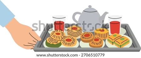 A person's hand holds a tray laden with a teapot, two glasses of red tea, and an assortment of traditional Middle Eastern pastries and sweets, isolated on a white background.