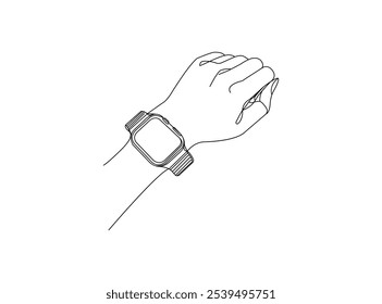 Person's hand indicates a wrist watch One line vector art Smart watch on wrist Hand drawn illustration vector out line design.
