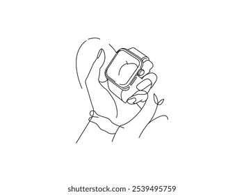 La mano de la persona indica un reloj de pulsera Una línea de Arte vectorial Reloj inteligente en la muñeca Dibujado a mano ilustración Vector fuera de línea diseño.