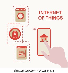 Person's hand operating smart home appliances with device. Remote control from the device of dishwasher, washing machine, robot vacuum cleaner. Using smart technology at home. Internet of things.