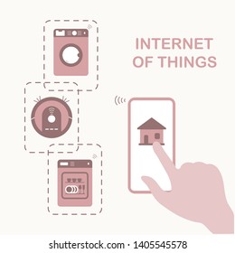Person's hand operating smart home appliances with device. Remote control from the device of dishwasher, washing machine, robot vacuum cleaner. Using smart technology at home. Internet of things.