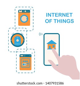 Person's hand operating smart home appliances with device. Remote control from the device of dishwasher, washing machine, robot vacuum cleaner. Using smart technology at home. Internet of things.