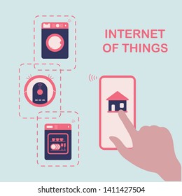 Person's hand operating smart home appliances with device. Remote control from the device of dishwasher, washing machine, robot vacuum cleaner. Using smart technology at home. Internet of things.
