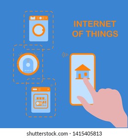 Person's hand operating smart home appliances with device. Remote control from the device of dishwasher, washing machine, robot vacuum cleaner. Using smart technology at home. Internet of things.