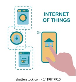 Person's hand operating smart home appliances with device. Remote control from the device of dishwasher, washing machine, robot vacuum cleaner. Using smart technology at home. Internet of things.