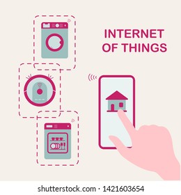 Person's hand operating smart home appliances with device. Remote control from the device of dishwasher, washing machine, robot vacuum cleaner. Using smart technology at home. Internet of things.