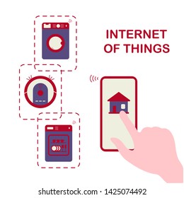 Person's hand operating smart home appliances with device. Remote control from the device of dishwasher, washing machine, robot vacuum cleaner. Using smart technology at home. Internet of things.